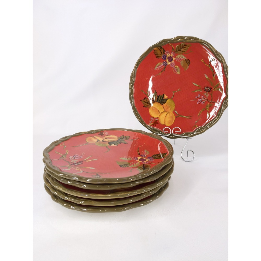 Tracy Porter Fruit Floral Dinner Plates 11in Red Set of 6 Octavia Hill Scalloped